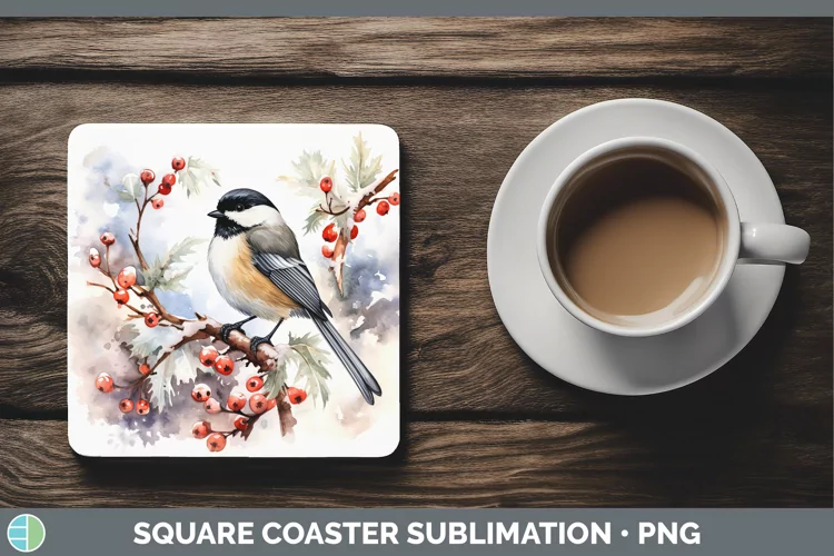 Winter Snow Chickadee Square Coaster Sublimation Coaster Des