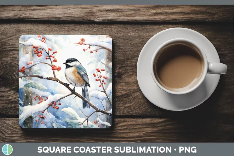 Winter Snow Chickadee Square Coaster Sublimation Coaster Des