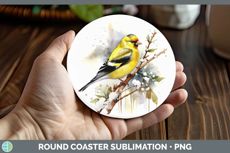 Winter Snow Goldfinch Round Coaster Sublimation Coaster Desi