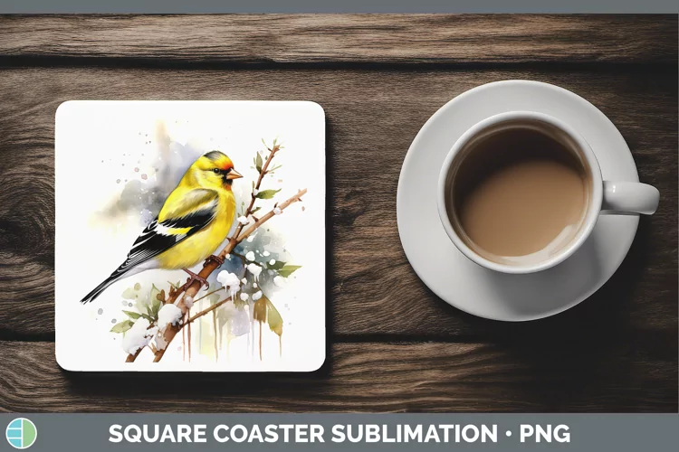Winter Snow Goldfinch Square Coaster Sublimation Coaster Des