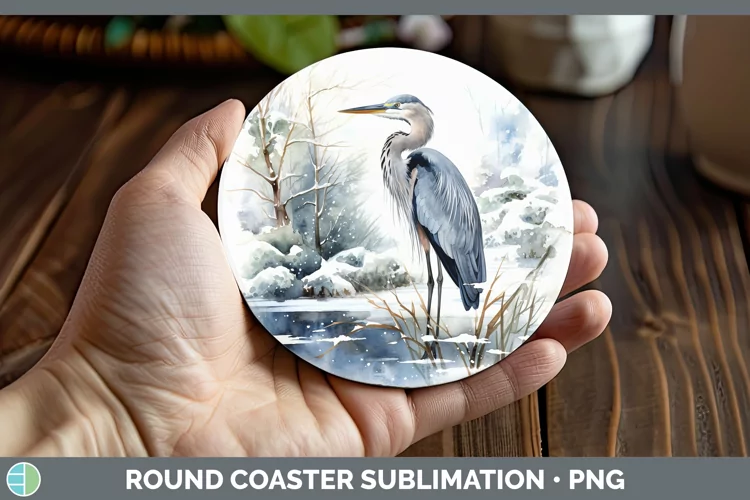Winter Snow Great Blue Heron Round Coaster Sublimation Coast