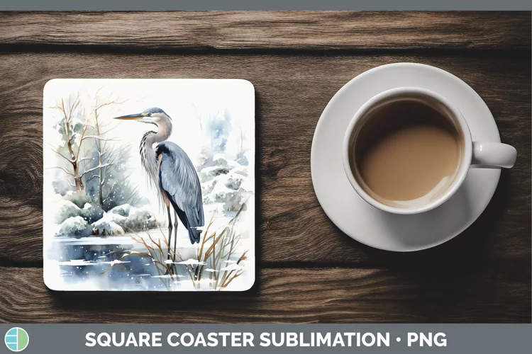 Winter Snow Great Blue Heron Square Coaster Sublimation Coas