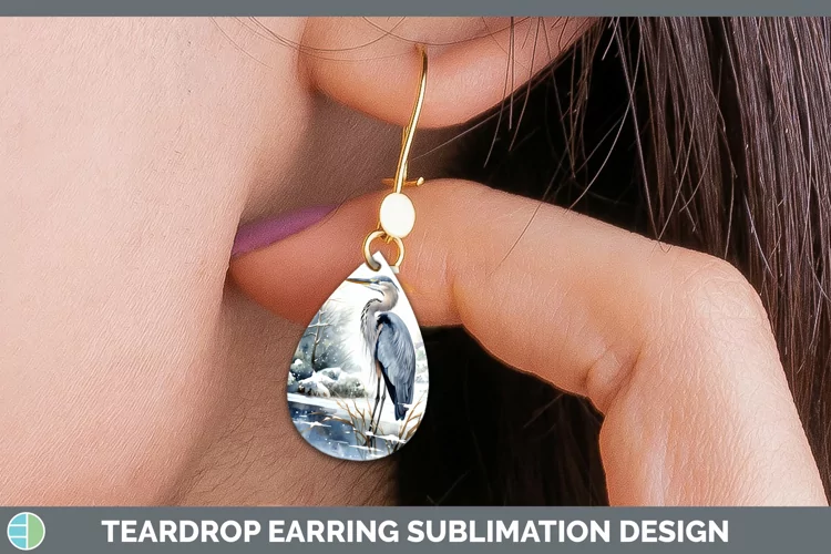 Winter Snow Great Blue Heron Teardrop Earrings Sublimation E