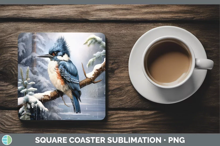 Winter Snow Kingfisher Square Coaster Sublimation Coaster De