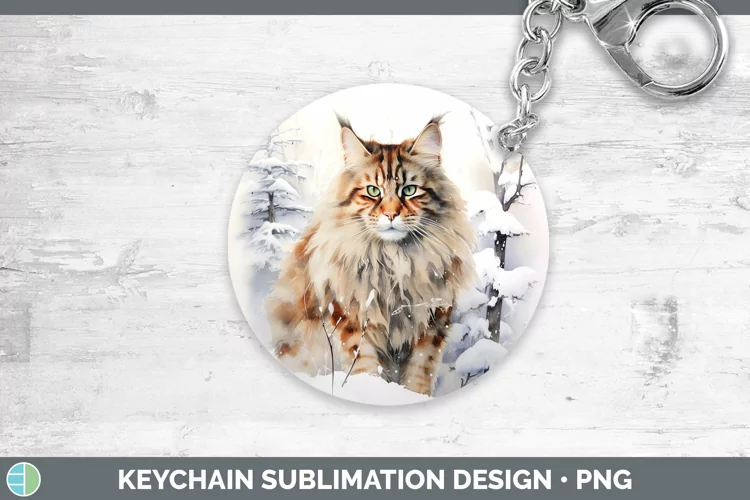 Winter Snow Maine Coon Cat Keychain Sublimation Keyring Desi
