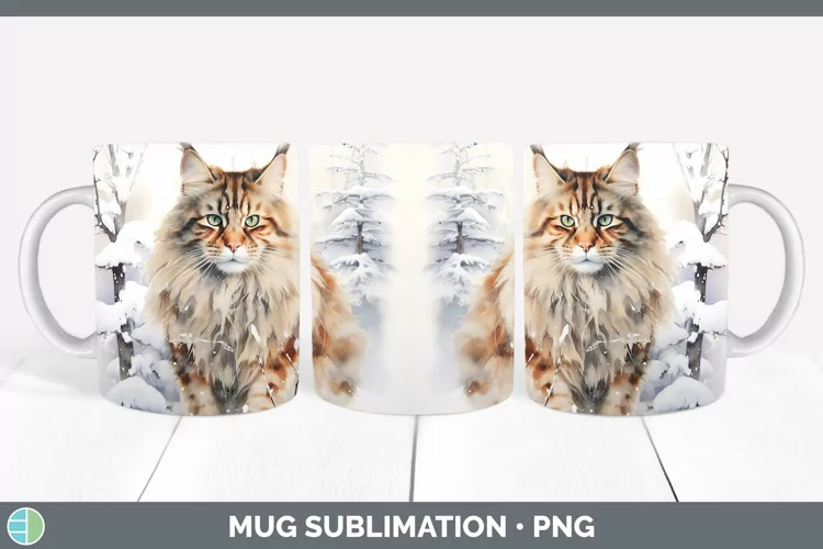 Winter Snow Maine Coon Cat Mug Wrap Sublimation Coffee Cup D