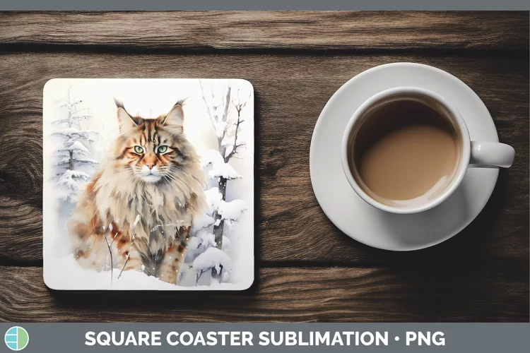 Winter Snow Maine Coon Cat Square Coaster Sublimation Coaste