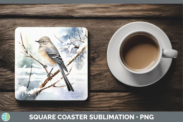 Winter Snow Mockingbird Square Coaster Sublimation Coaster D