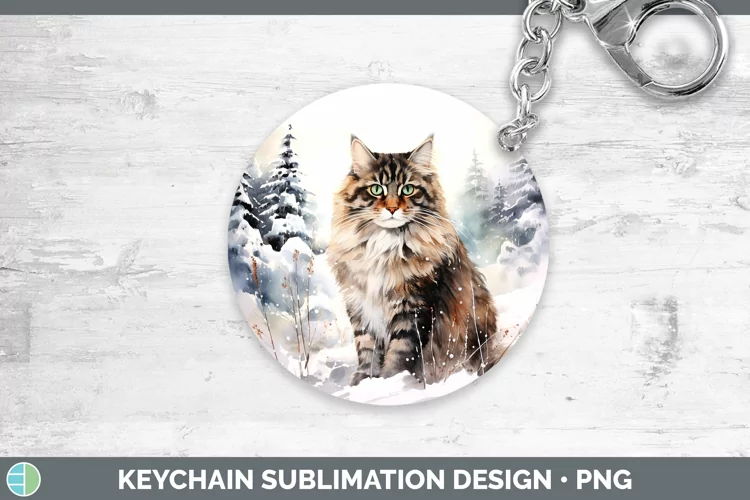 Winter Snow Norwegian Forest Cat Keychain Sublimation Keyrin