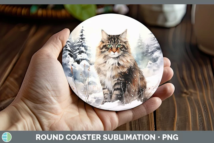 Winter Snow Norwegian Forest Cat Round Coaster Sublimation C