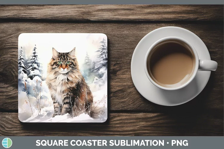 Winter Snow Norwegian Forest Cat Square Coaster Sublimation