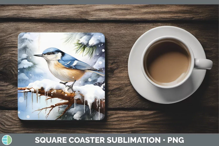 Winter Snow Nuthatch Square Coaster Sublimation Coaster Desi