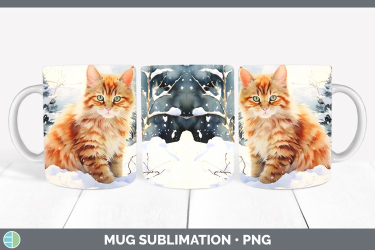 Winter Snow Orange Cat Mug Wrap Sublimation Coffee Cup Desig