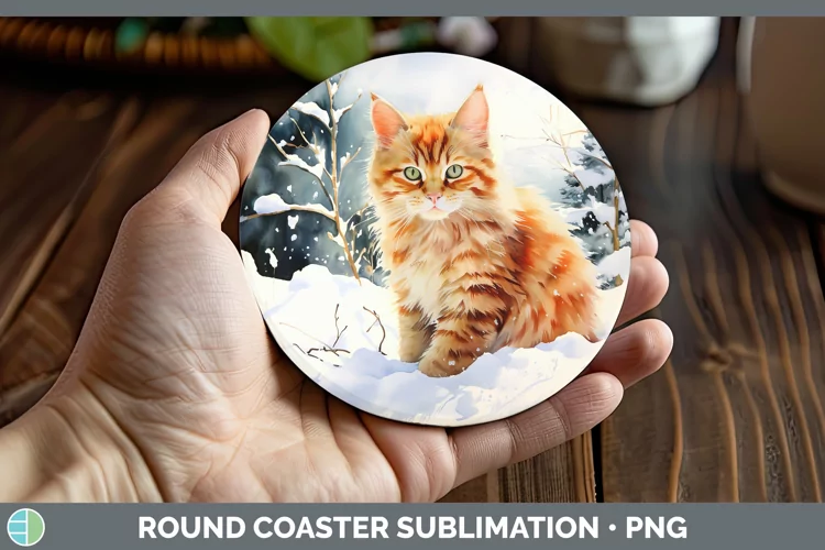 Winter Snow Orange Cat Round Coaster Sublimation Coaster Des