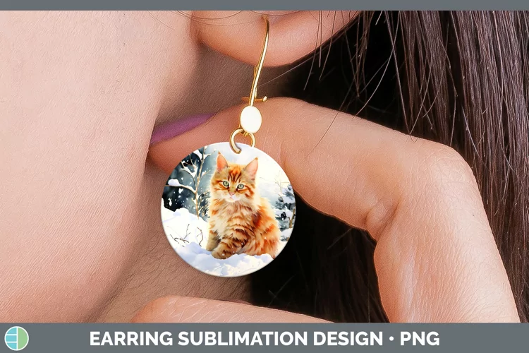 Winter Snow Orange Cat Round Earrings Sublimation Earrings D