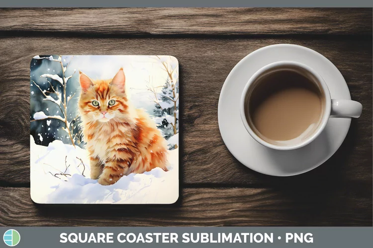 Winter Snow Orange Cat Square Coaster Sublimation Coaster De