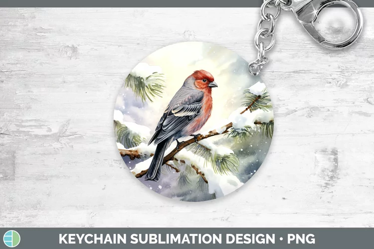 Winter Snow Pine Grosbeak Keychain Sublimation Keyring Desig