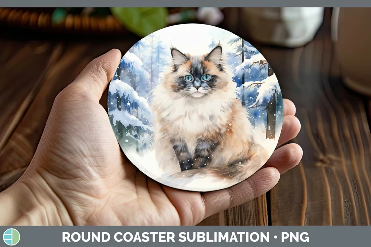 Winter Snow Ragdoll Cat Round Coaster Sublimation Coaster De
