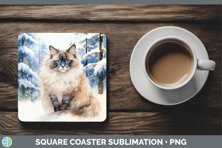 Winter Snow Ragdoll Cat Square Coaster Sublimation Coaster D