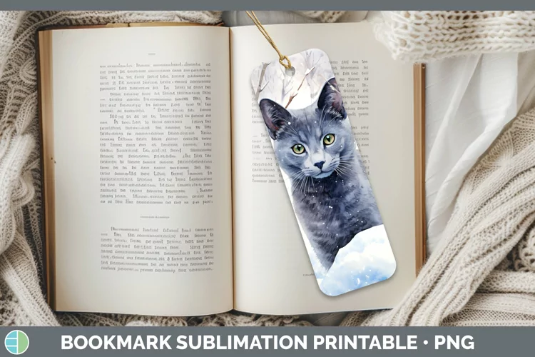 Winter Snow Russian Blue Cat Bookmark Sublimation Printable