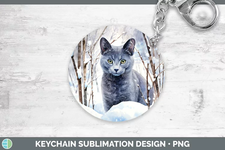 Winter Snow Russian Blue Cat Keychain Sublimation Keyring De