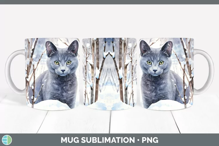 Winter Snow Russian Blue Cat Mug Wrap Sublimation Coffee Cup