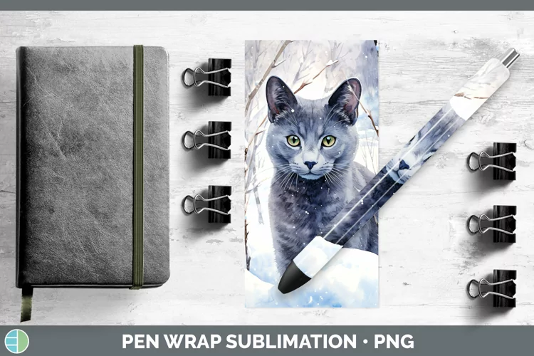 Winter Snow Russian Blue Cat Pen Wrap Sublimation Pen Design