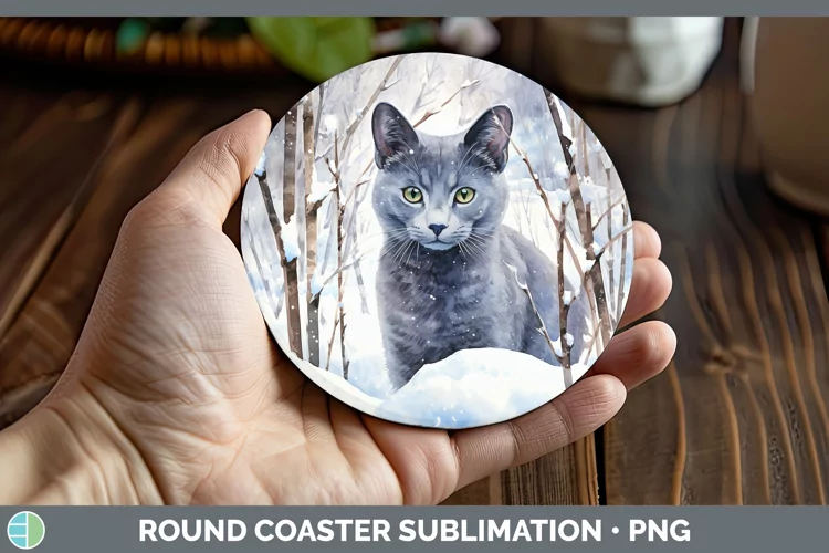 Winter Snow Russian Blue Cat Round Coaster Sublimation Coast