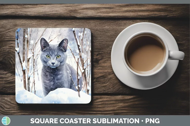 Winter Snow Russian Blue Cat Square Coaster Sublimation Coas