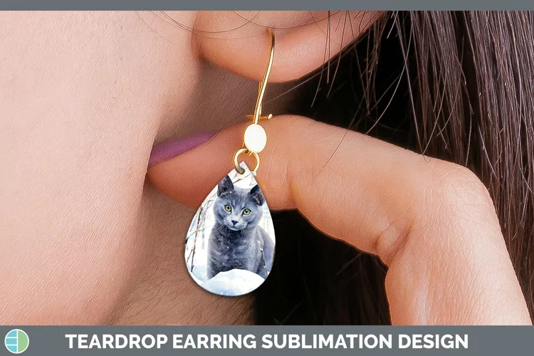 Winter Snow Russian Blue Cat Teardrop Earrings Sublimation E