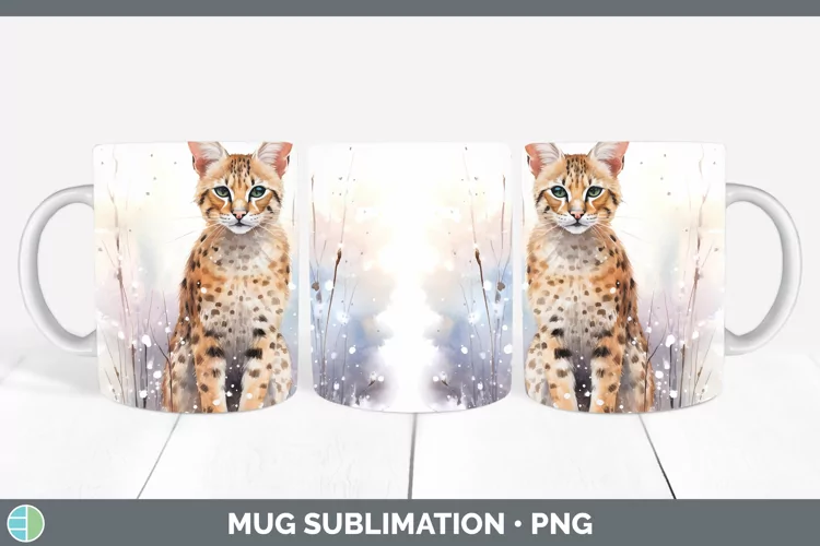 Winter Snow Savannah Cat Mug Wrap Sublimation Coffee Cup Des