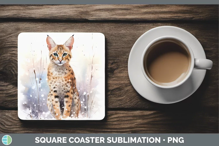 Winter Snow Savannah Cat Square Coaster Sublimation Coaster
