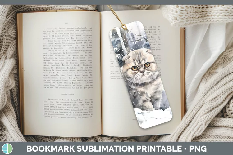 Winter Snow Scottish Fold Cat Bookmark Sublimation Printable