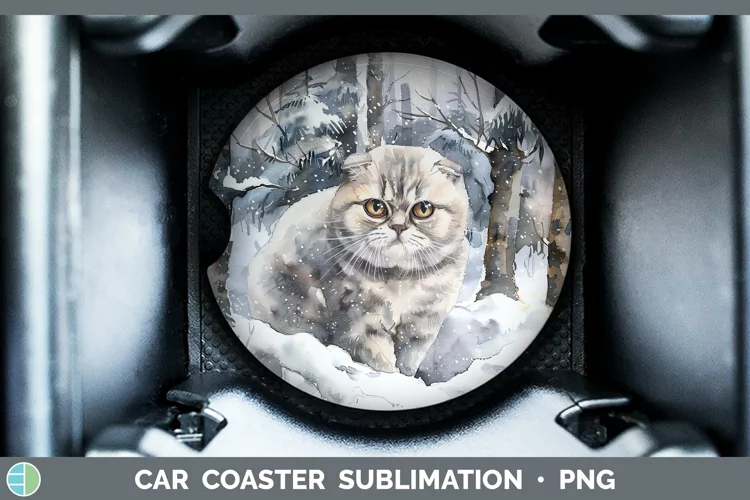 Winter Snow Scottish Fold Cat Car Coaster Sublimation Desig