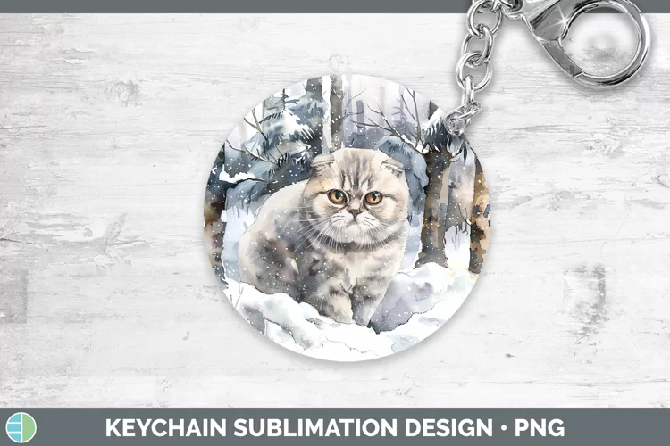 Winter Snow Scottish Fold Cat Keychain Sublimation Keyring D