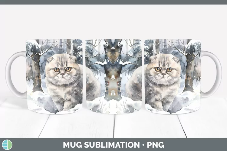 Winter Snow Scottish Fold Cat Mug Wrap Sublimation Coffee Cu