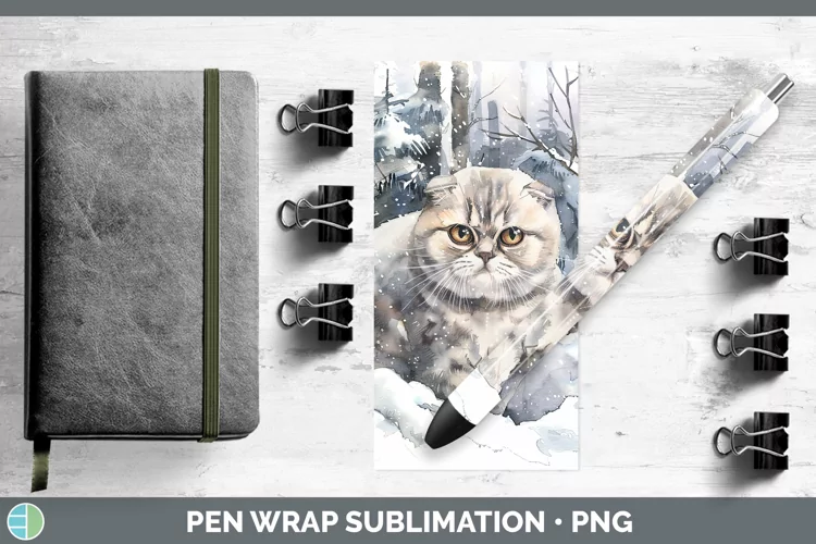 Winter Snow Scottish Fold Cat Pen Wrap Sublimation Pen Desig