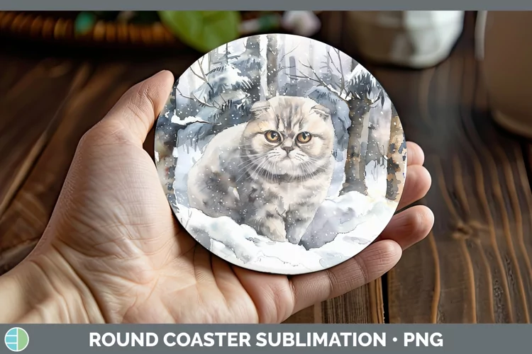 Winter Snow Scottish Fold Cat Round Coaster Sublimation Coas