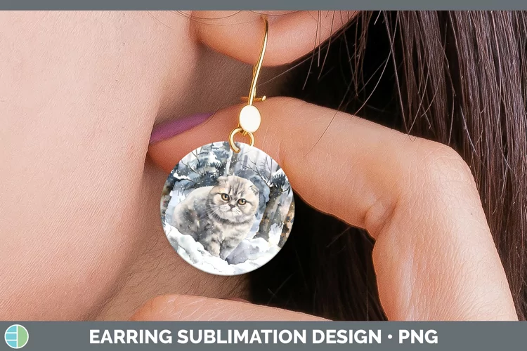 Winter Snow Scottish Fold Cat Round Earrings Sublimation Ear