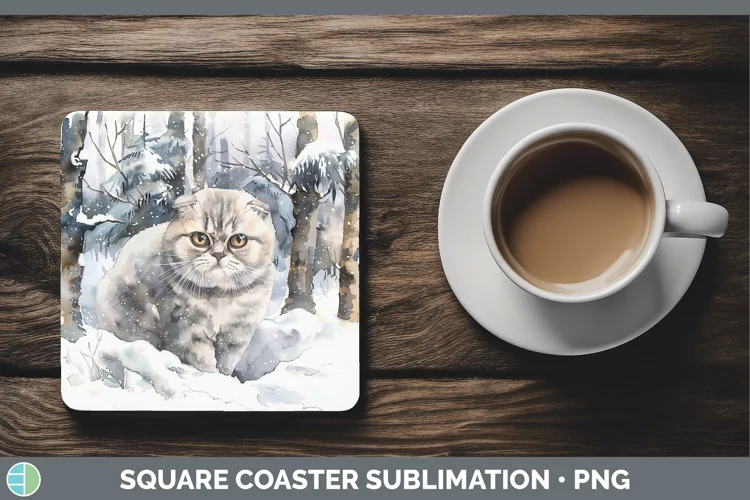 Winter Snow Scottish Fold Cat Square Coaster Sublimation Coa