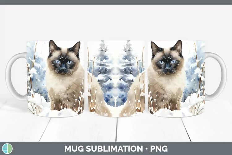 Winter Snow Siamese Cat Mug Wrap Sublimation Coffee Cup Desi