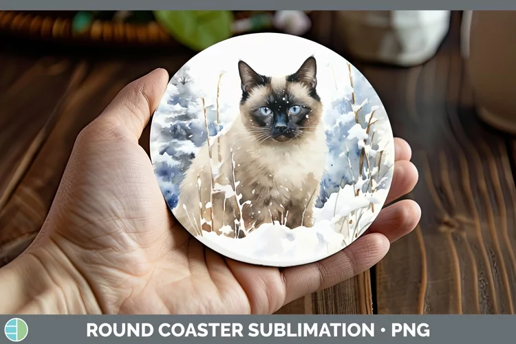 Winter Snow Siamese Cat Round Coaster Sublimation Coaster De