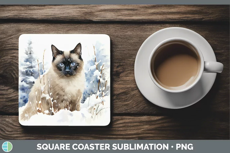 Winter Snow Siamese Cat Square Coaster Sublimation Coaster D