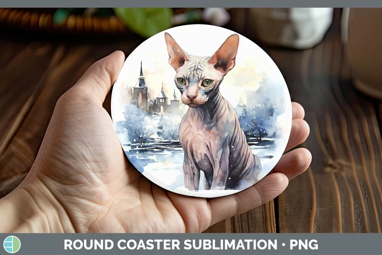 Winter Snow Sphynx Cat Round Coaster Sublimation Coaster Des
