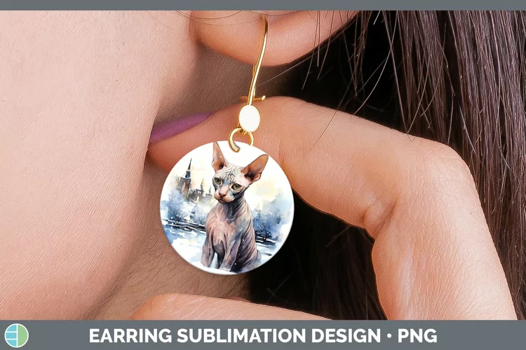 Winter Snow Sphynx Cat Round Earrings Sublimation Earrings D