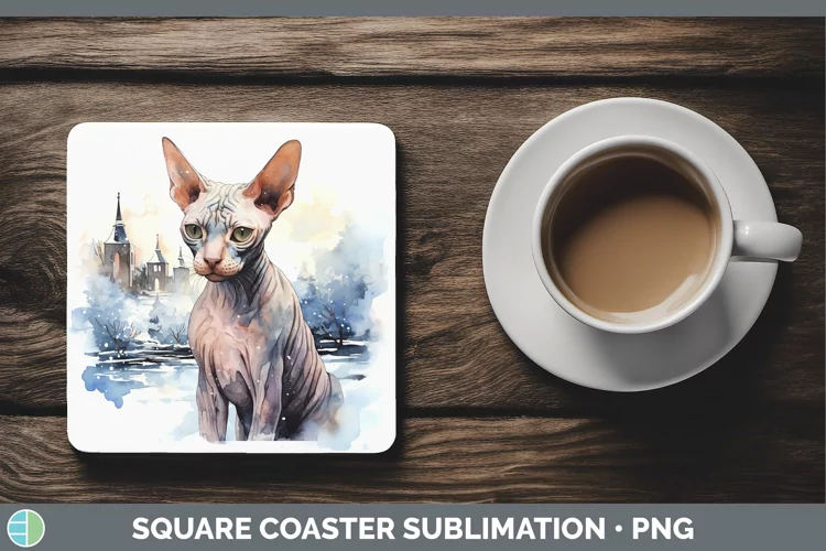 Winter Snow Sphynx Cat Square Coaster Sublimation Coaster De