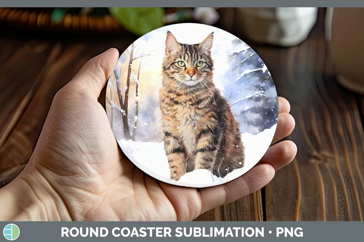Winter Snow Tabby Cat Round Coaster Sublimation Coaster Desi
