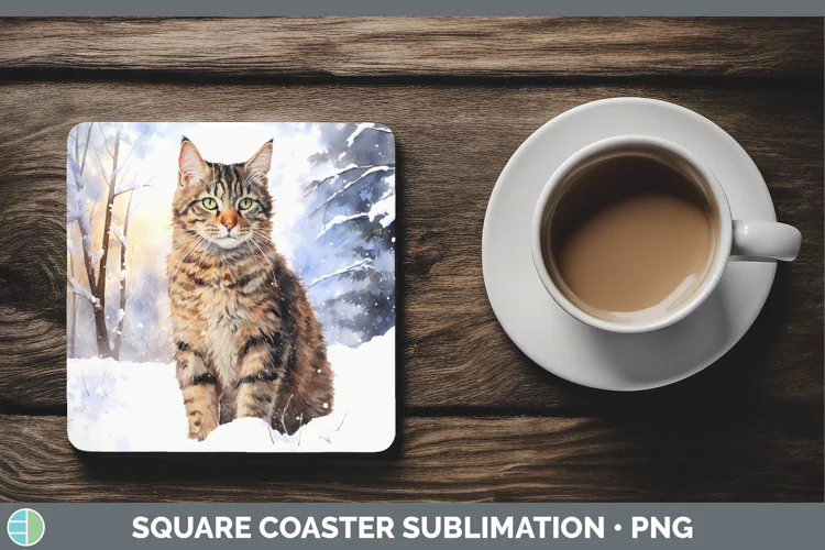 Winter Snow Tabby Cat Square Coaster Sublimation Coaster Des