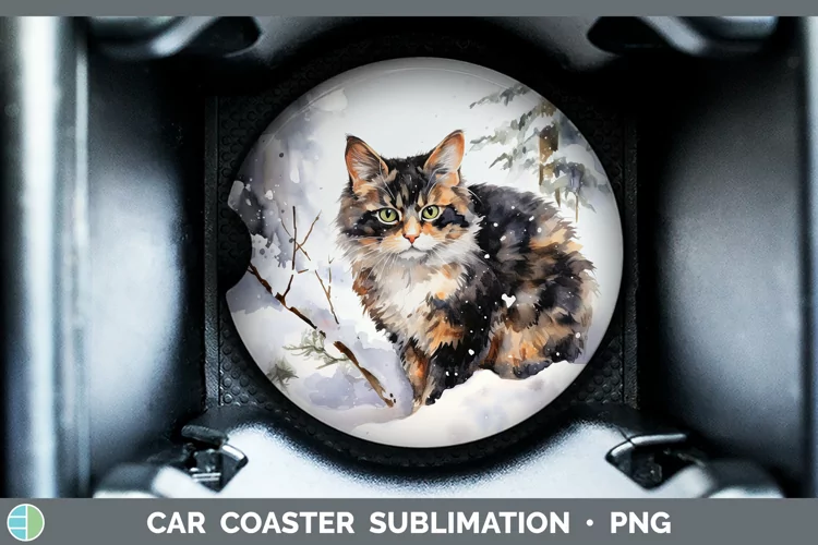 Winter Snow Tortoiseshell Cat Car Coaster Sublimation Desig