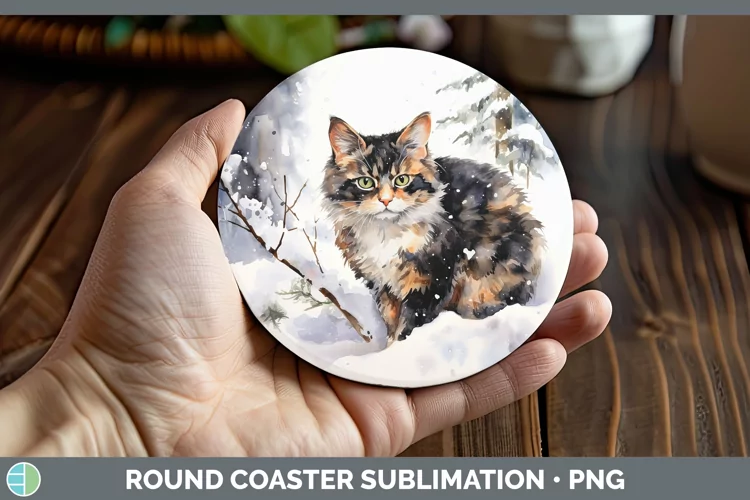Winter Snow Tortoiseshell Cat Round Coaster Sublimation Coas